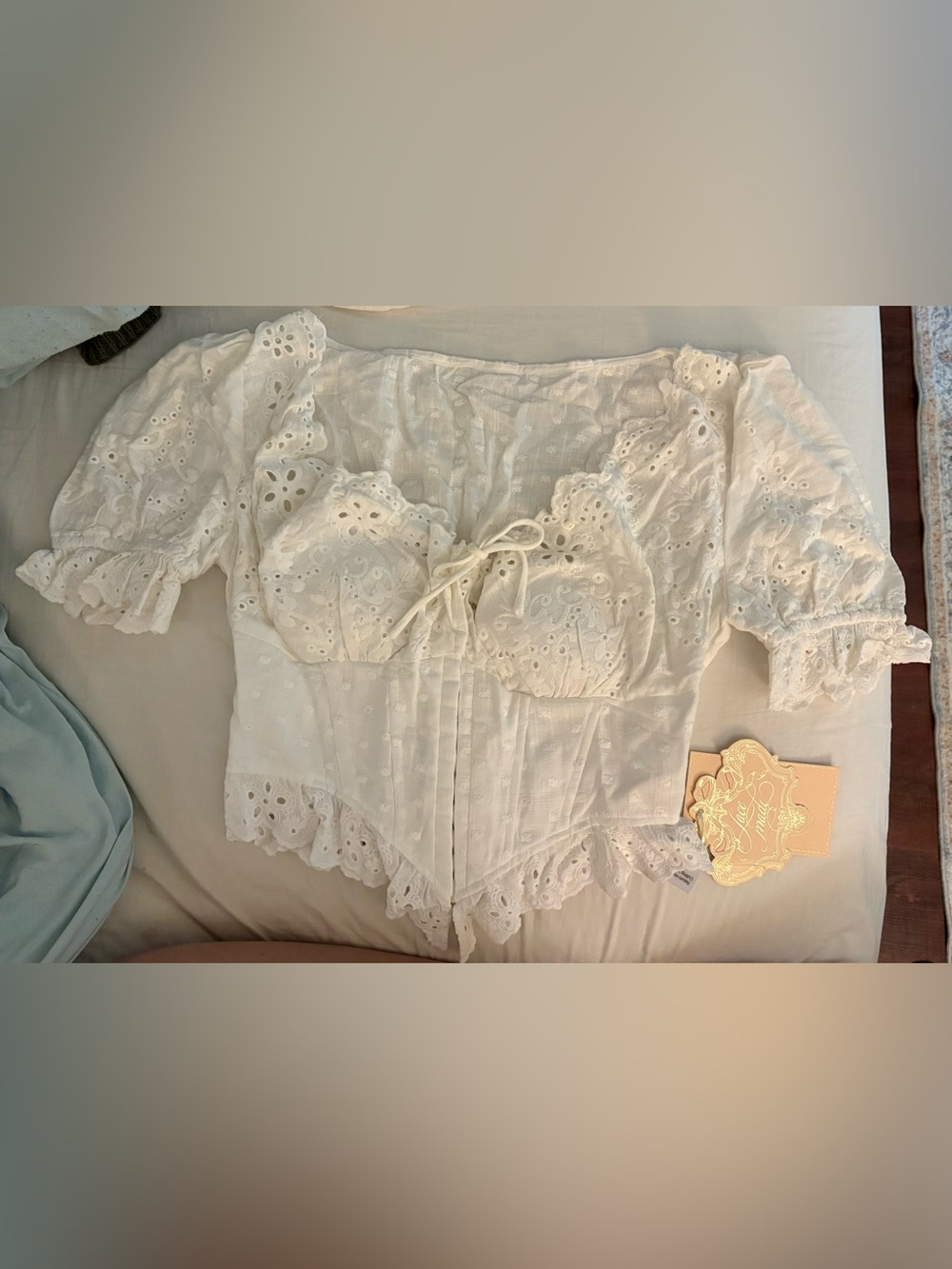 Lace Made NWT Large White Eyelet Corset Top Cottagecore Coquette Puff Sleeve